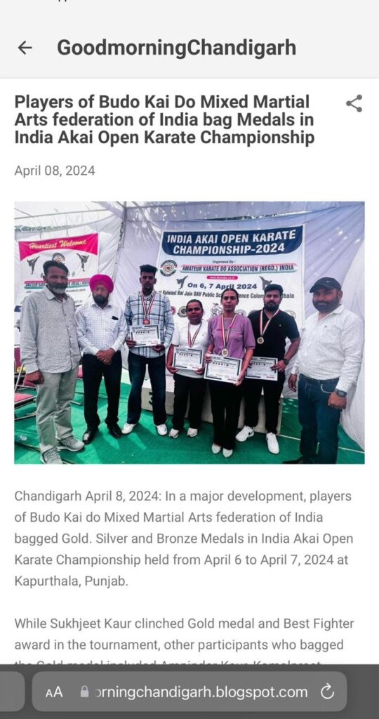 Budo Kai do Mixed Martial Arts federation of India players have won Medals ( Gold, Silver, Bronze ) in India Open karate Championship 6th April to 7th April 2024 at Kapurthala Punjab